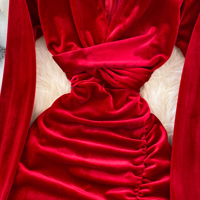 Schlichtes Langarmkleid aus Samt mit V-Ausschnitt, modisches Kleid RF0179