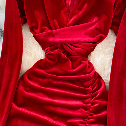 Schlichtes Langarmkleid aus Samt mit V-Ausschnitt, modisches Kleid RF0179