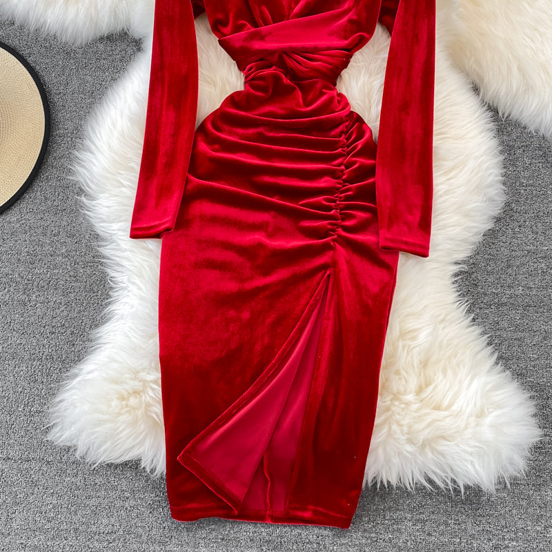 Schlichtes Langarmkleid aus Samt mit V-Ausschnitt, modisches Kleid RF0179
