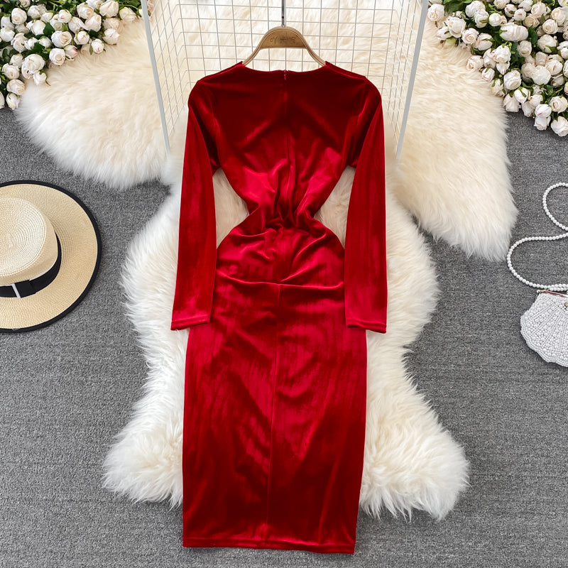 Schlichtes Langarmkleid aus Samt mit V-Ausschnitt, modisches Kleid RF0179
