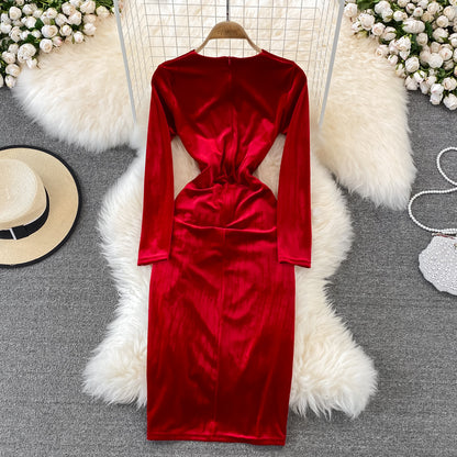 Schlichtes Langarmkleid aus Samt mit V-Ausschnitt, modisches Kleid RF0179