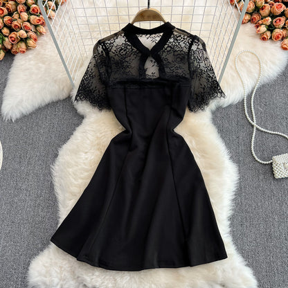 Black Lace Short Dress Black Fashion Dress RF0178