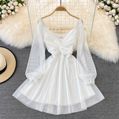 White V Neck Short Dress A Line Long Sleeve Dress RF0176