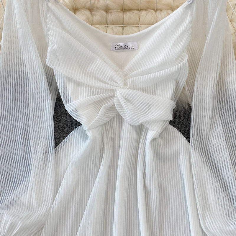 White V Neck Short Dress A Line Long Sleeve Dress RF0176