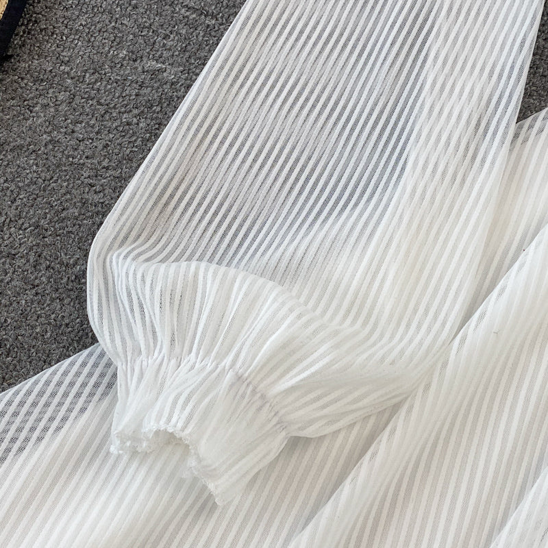 White V Neck Short Dress A Line Long Sleeve Dress RF0176
