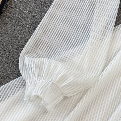 White V Neck Short Dress A Line Long Sleeve Dress RF0176