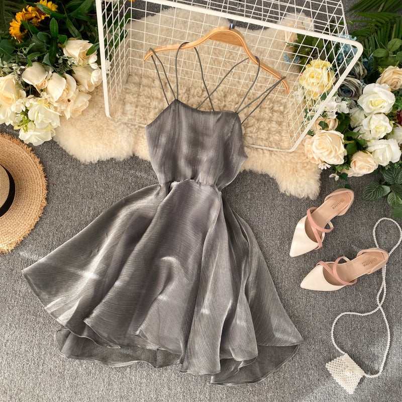 Graues Tüll-Kurzkleid A-Linie Rückenfreies Kleid RF0174