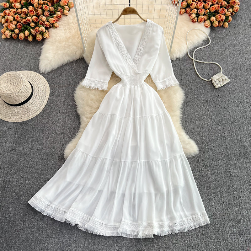 Robe trapèze à franges et col en V, jolie robe tendance RF0172
