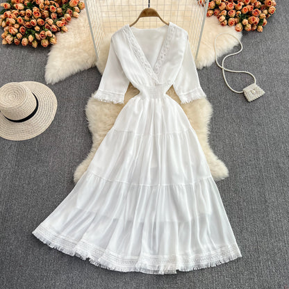 Robe trapèze à franges et col en V, jolie robe tendance RF0172