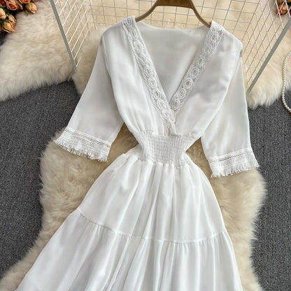 Robe trapèze à franges et col en V, jolie robe tendance RF0172