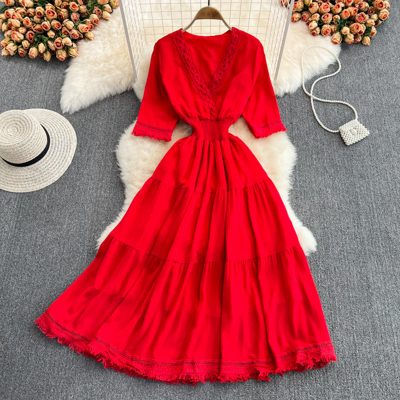 Robe trapèze à franges et col en V, jolie robe tendance RF0172