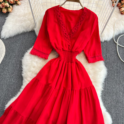 Robe trapèze à franges et col en V, jolie robe tendance RF0172