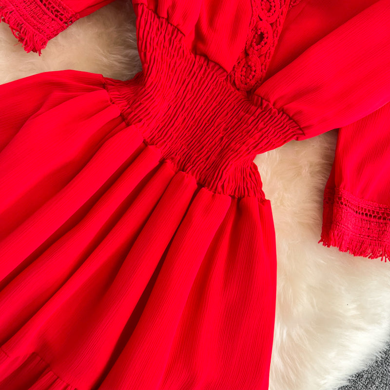 Robe trapèze à franges et col en V, jolie robe tendance RF0172