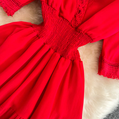 Robe trapèze à franges et col en V, jolie robe tendance RF0172