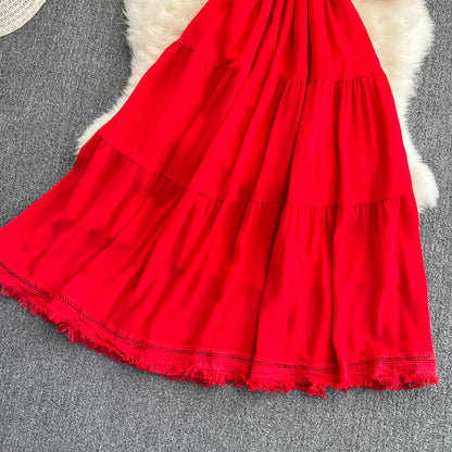 Robe trapèze à franges et col en V, jolie robe tendance RF0172