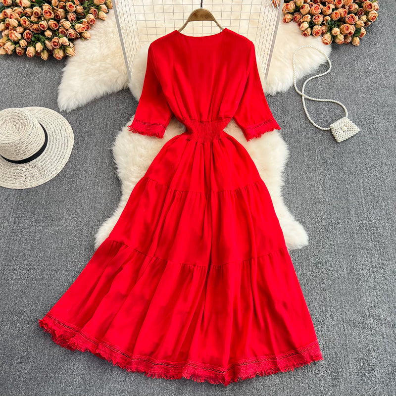 Robe trapèze à franges et col en V, jolie robe tendance RF0172