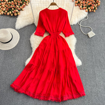 Robe trapèze à franges et col en V, jolie robe tendance RF0172