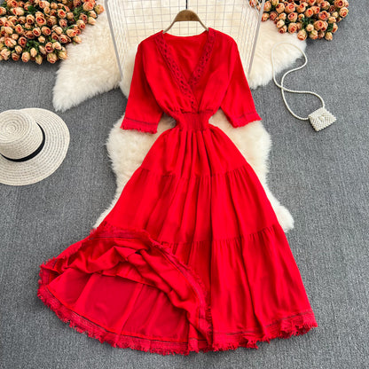 Robe trapèze à franges et col en V, jolie robe tendance RF0172