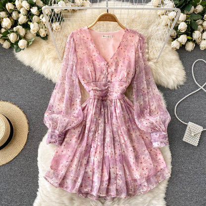 Robe courte fleurie rose à col en V, coupe trapèze, RF0171