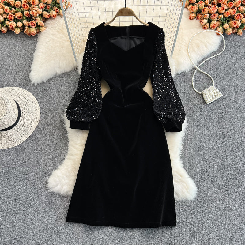 Robe courte en velours noir à paillettes, robe tendance RF0161