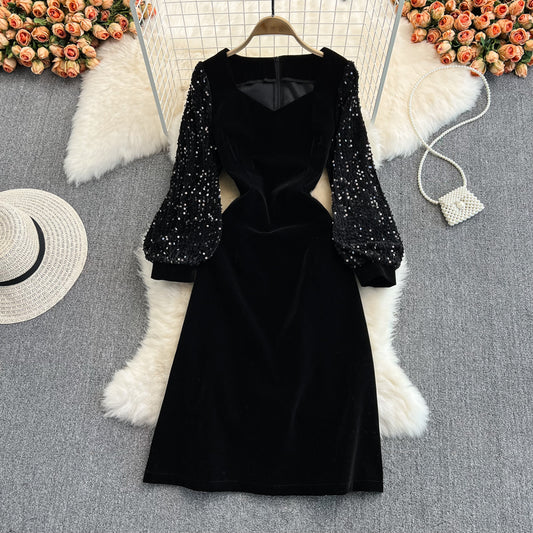 Black Velvet Sequins Short Dress Fashion Dress RF0161