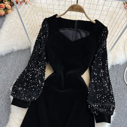 Robe courte en velours noir à paillettes, robe tendance RF0161