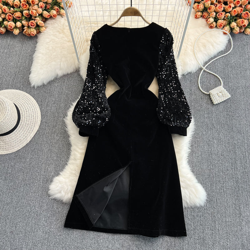 Robe courte en velours noir à paillettes, robe tendance RF0161