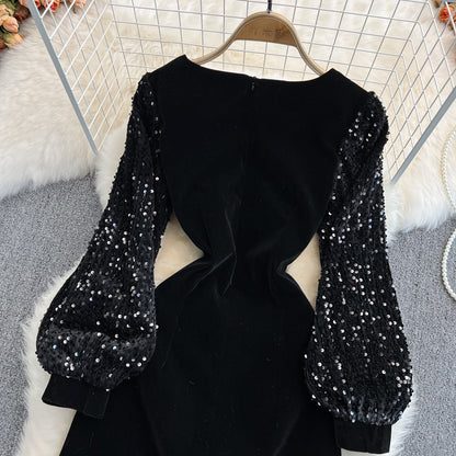 Robe courte en velours noir à paillettes, robe tendance RF0161
