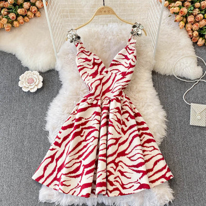 Cute V-neckline Zebra Print Short Dress RF0158
