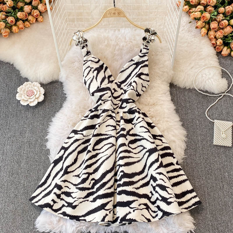 Cute V-neckline Zebra Print Short Dress RF0158