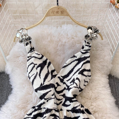 Cute V-neckline Zebra Print Short Dress RF0158