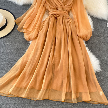 Cute V Neck Soft Chiffon Dress Fashion Girl Dress And Scarf RF0156