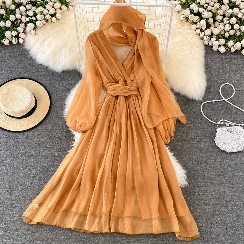 Cute V Neck Soft Chiffon Dress Fashion Girl Dress And Scarf RF0156