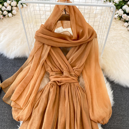 Cute V Neck Soft Chiffon Dress Fashion Girl Dress And Scarf RF0156