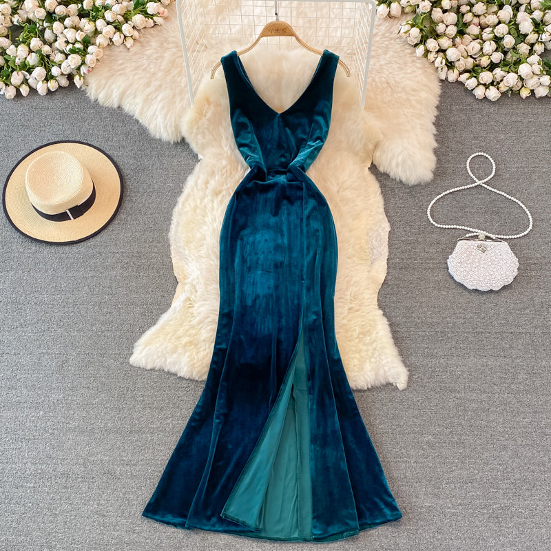 Sexy V Neck Velvet Long Dress Fashion Dress RF0151