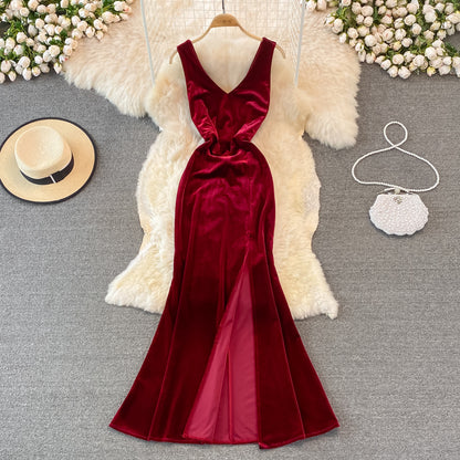 Sexy V Neck Velvet Long Dress Fashion Dress RF0151