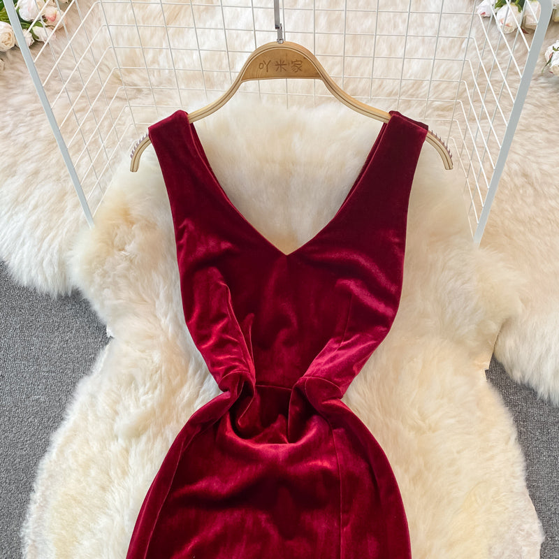 Sexy V Neck Velvet Long Dress Fashion Dress RF0151