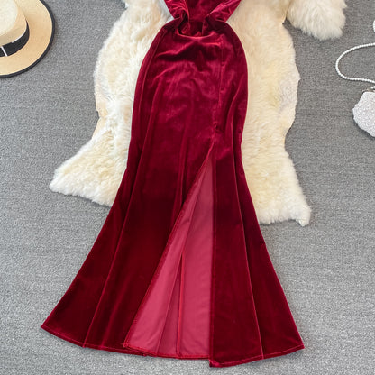 Sexy V Neck Velvet Long Dress Fashion Dress RF0151
