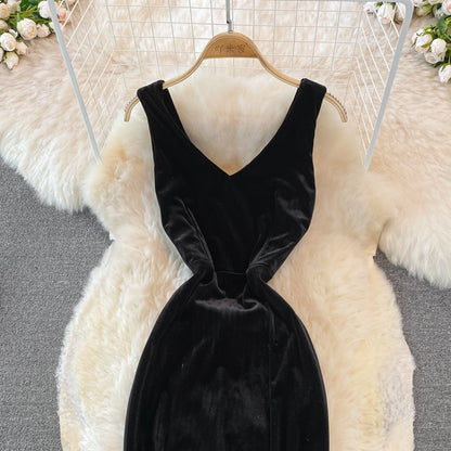 Sexy V Neck Velvet Long Dress Fashion Dress RF0151
