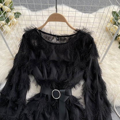 Robe trapèze à manches longues et pompons, jolie robe tendance RF0150