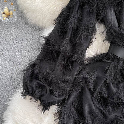 Robe trapèze à manches longues et pompons, jolie robe tendance RF0150