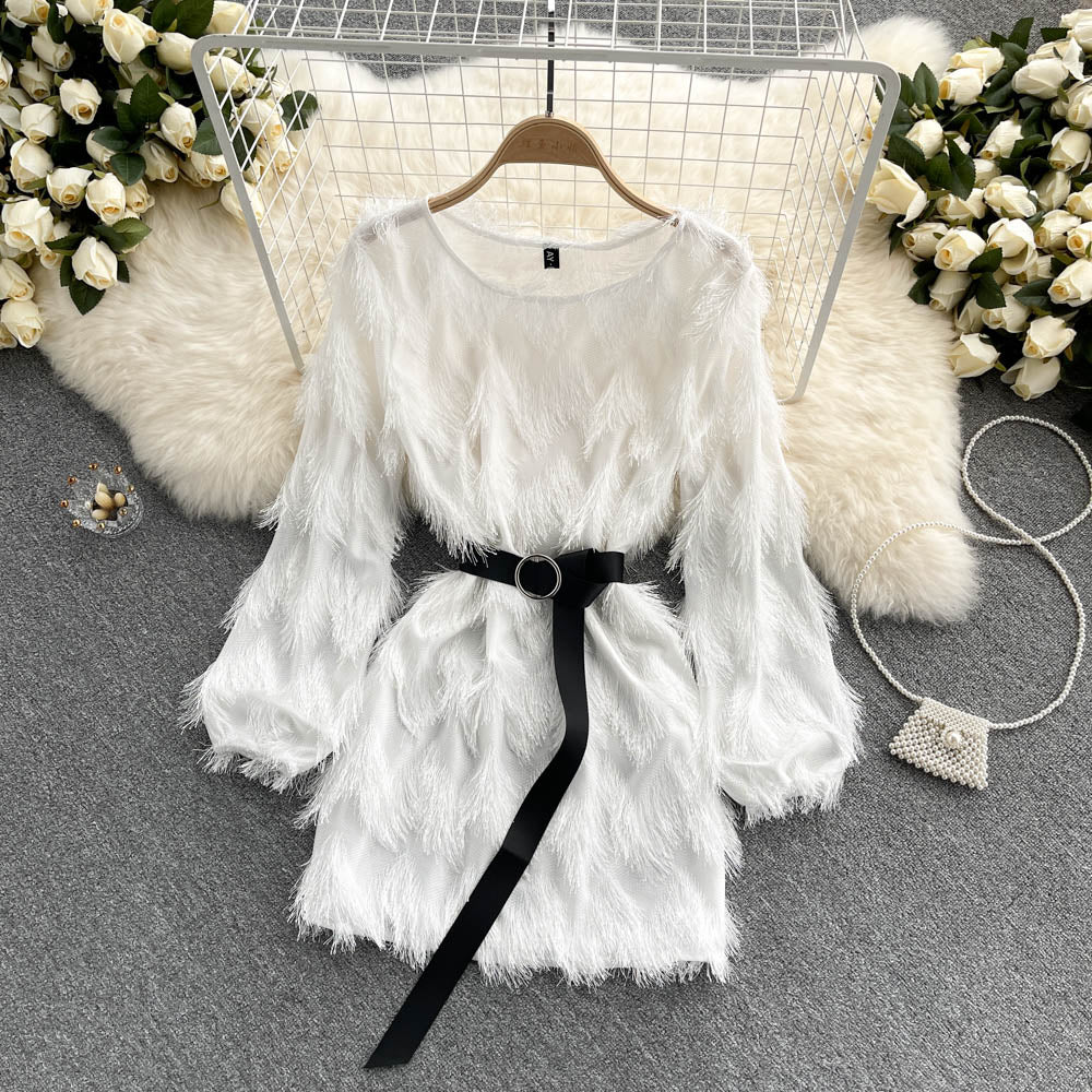 Robe trapèze à manches longues et pompons, jolie robe tendance RF0150