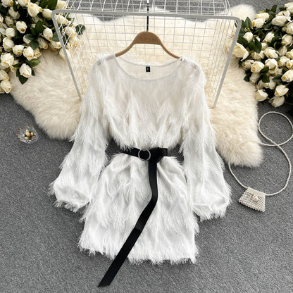 Robe trapèze à manches longues et pompons, jolie robe tendance RF0150