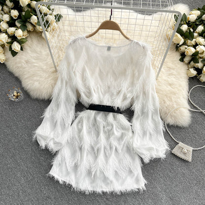 Robe trapèze à manches longues et pompons, jolie robe tendance RF0150