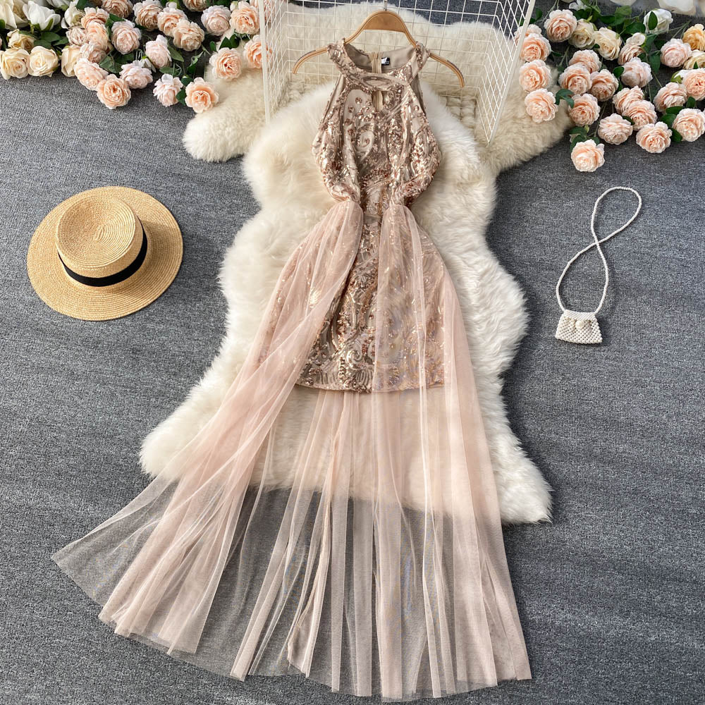 Halter Neck Sequin Dress With Mesh Net RF0148