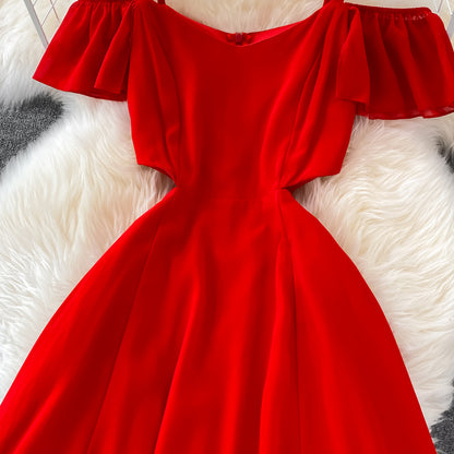 Robe courte trapèze rouge en mousseline de soie, robe tendance RF0146