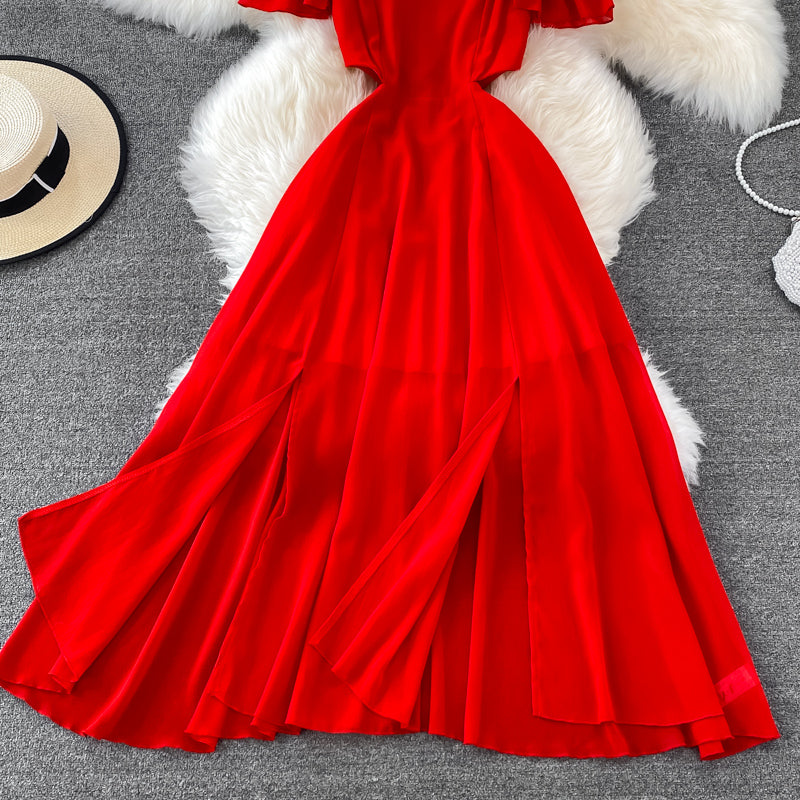 Robe courte trapèze rouge en mousseline de soie, robe tendance RF0146
