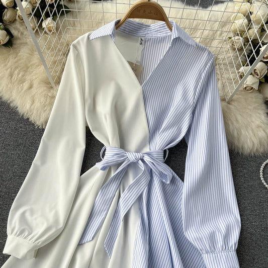 Fashionable Striped Long-sleeved Irregular Dress RF0140