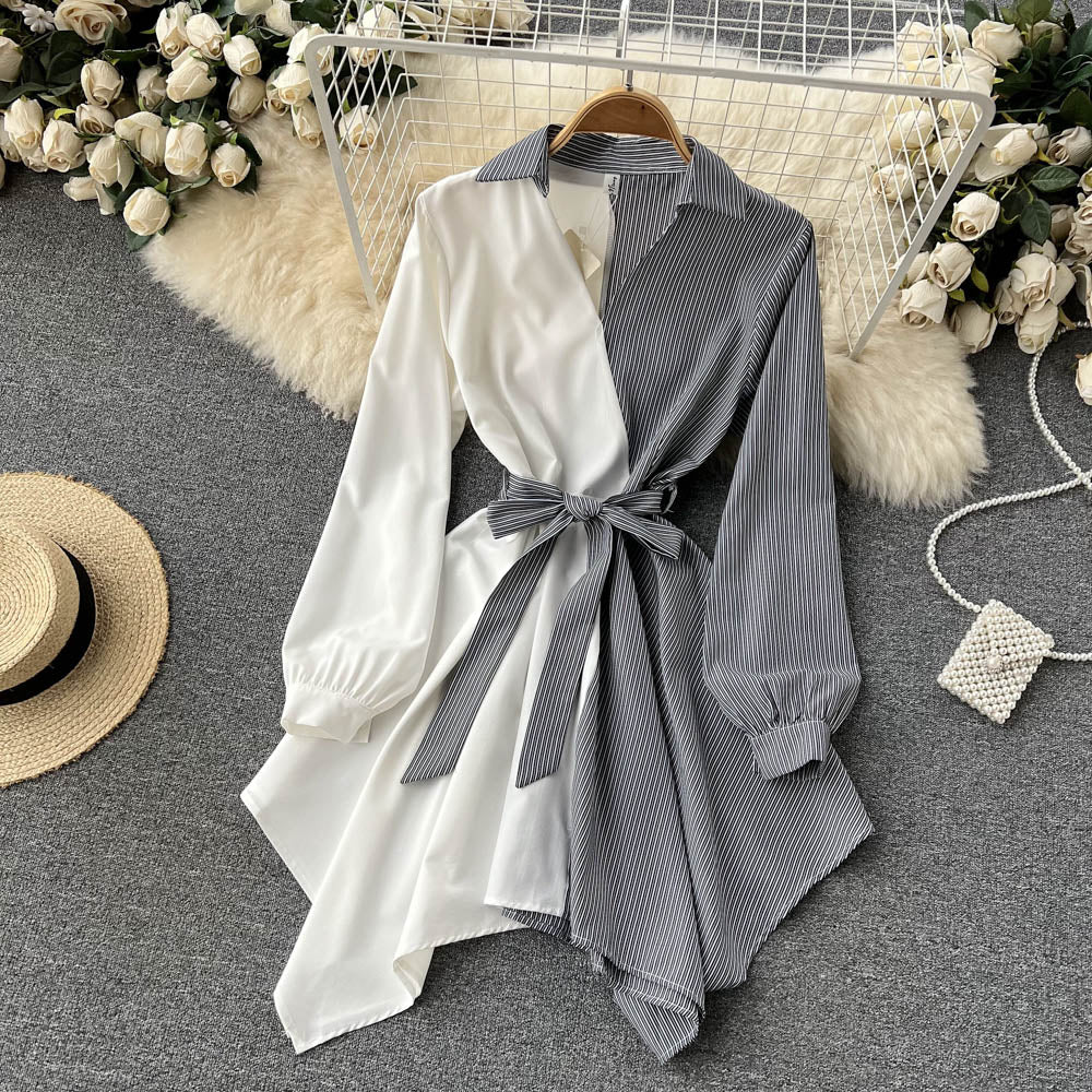 Robe rayée à manches longues et coupe irrégulière, tendance, RF0140