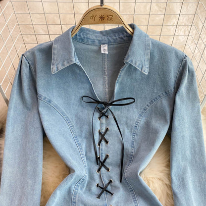 Fashionable Lace-up A Line Denim Dress Fashion Dress RF0139